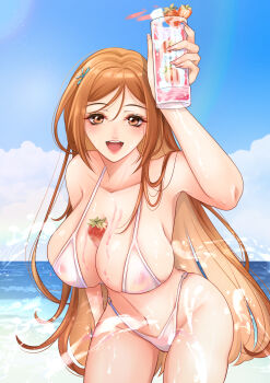 bare_shoulders beach bikini bleach blue_sky breasts brown_eyes cloud collarbone fingernails food fruit happy inoue_orihime large_breasts light_blush long_fingernails long_hair looking_at_viewer navel nijunana ocean open_mouth orange_hair sky solo solo_focus splashing standing stomach strawberry swimsuit water wet