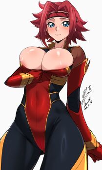 absurdres areola_slip blue_eyes bodysuit breasts cleavage code_geass commentary_request cowboy_shot dated flipped_hair hair_intakes headband highres kouzuki_kallen large_breasts looking_at_viewer multicolored_bodysuit red_hair red_headband short_hair signature simple_background white_background yoo_tenchi