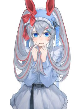 0013kell 1girl alternate_costume animal_ears apron blue_eyes blue_headdress blue_jacket blush ear_covers frilled_apron frills grey_hair hair_between_eyes hair_ornament hairclip headband highres horse_ears horse_girl jacket jersey_maid lightning_bolt lightning_bolt_hair_ornament lightning_bolt_symbol long_hair long_sleeves looking_at_viewer maid maid_apron maid_headdress multicolored_hair open_mouth red_hair simple_background solo streaked_hair sweatdrop tamamo_cross_(umamusume) teeth track_jacket twintails umamusume unconventional_maid very_long_hair waist_apron white_apron white_background