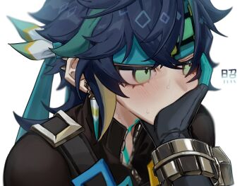 1boy absurdres black_gloves black_hair blush commentary_request crossed_bangs earrings genshin_impact gloves green_eyes green_hair green_headband hair_between_eyes head_rest headband highres jewelry kinich_(genshin_impact) looking_to_the_side male_focus multicolored_hair simple_background solo sweat upper_body white_background zeijaku