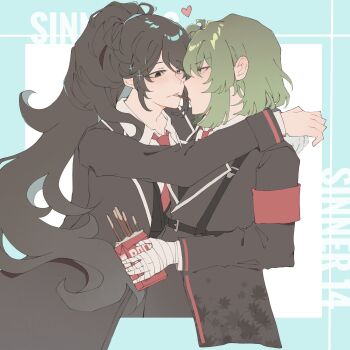 2boys 77shi_qwh91m androgynous armband artist_self-insert bandaged_hand bandages black_coat black_eyes black_hair blue_background blue_eyes coat collared_shirt commentary english_text food green_hair half_updo heart heterochromia highres holding holding_food holding_pocky hong_lu_(project_moon) hug incoming_pocky_kiss lapels limbus_company long_hair multiple_boys necktie notched_lapels oc_x_canon open_box ophelius_(77shi_qwh91m) original pocky project_moon red_armband red_necktie shirt simple_background sparkling_eyes trap_on_trap very_long_hair yaoi