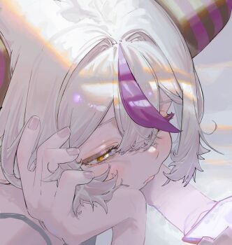 bed bed_sheet bedroom cellphone demon_girl demon_horns exhausted hair_between_eyes head_rest highres hololive horns la+_darknesss light_rays lying morning multicolored_hair on_stomach phone pout purple_streak resting_head_on_hand screen sidelocks tank_top tired_eyes two-tone_hair virtual_youtuber white_hair yellow_eyes