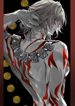 1boy abs arm_tattoo armlet back_tattoo black_coat braid chest_tattoo clawed_gauntlets coat commentary facial_tattoo gold_necklace hand_in_own_hair highres honkai:_star_rail honkai_(series) jewelry male_focus medium_hair mori_morii mydei_(honkai:_star_rail) necklace open_clothes open_coat red_tattoo side_braid solo symbol-only_commentary tattoo toned toned_male wet wet_hair yellow_eyes