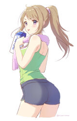 Rule 34 | 1girl, ass, black shorts, breasts, brown hair, character request, copyright request, green shirt, hair ornament, hair scrunchie, hairclip, highres, milk carton, mizu no, ponytail, purple eyes, scrunchie, shirt, shorts, simple background, small breasts, solo, standing, tongue, tongue out, towel, towel around neck, twitter username, white background