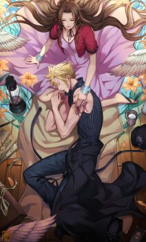 1boy 1girl aerith_gainsborough arm_ribbon asymmetrical_bangs bandages bare_arms black_pants black_shirt blonde_hair blouse blue_shirt bracelet breasts brown_hair buttons cellphone choker church closed_eyes cloud_strife collarbone cropped_jacket dress earrings falling_petals final_fantasy final_fantasy_vii final_fantasy_vii:_advent_children flower green_eyes hair_down hair_spread_out halu-ca healing high_collar highres jacket jewelry kneeling lantern lily_(flower) long_dress long_hair map necklace open_collar pants parted_bangs petals phone pink_dress pink_ribbon red_jacket ribbon shirt short_sleeves sidelocks single_earring single_wing sleeping spiked_hair square_enix strap unworn_armor wavy_hair white_wings wings wooden_floor yellow_flower