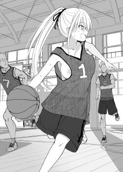 1girl 2boys :d armpits ball basketball basketball_(object) basketball_court basketball_uniform blush bouncing_breasts breasts covered_erect_nipples cowboy_shot dribbling_(basketball) greyscale hako_roku highres huge_breasts indoors kunoichi_hajimemashita! monochrome multiple_boys nipple_slip nipples no_bra open_mouth playing_sports ponytail profile see-through_clothes shirayuki_mashiro_(kunoichi_hajimemashita!) shoes short_sleeves shorts sidelocks smile sportswear standing sweat tank_top