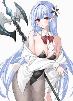 1girl alternate_costume arm_under_breasts axe battle_axe between_breasts black_leotard blue_gemstone blue_hair blunt_ends blush bow bowtie breasts buttons chain cleavage coat commentary detached_collar envelope fake_tail fishnet_pantyhose fishnets flower freesia_(stella_sora) gem grey_pantyhose hair_flower hair_ornament halberd hand_on_own_thigh hayami_kaname highleg highleg_leotard highres holding holding_weapon leotard long_hair long_sleeves looking_at_viewer medium_breasts off_shoulder open_clothes open_coat pantyhose parted_lips playboy_bunny polearm rabbit_tail red_bow red_bowtie red_eyes sidelocks simple_background solo standing stella_sora strapless strapless_leotard tail thighs unbuttoned very_long_hair weapon weapon_on_back white_background white_coat