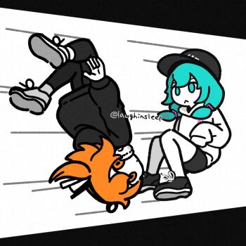 Rule 34 | 2girls, :<, a.i. voice, adachi rei, alternate costume, alternate hair length, alternate hairstyle, baseball cap, black border, black hat, black hoodie, black pants, black shoes, black shorts, blue eyes, blue hair, border, expressionless, falling, full body, grey shoes, hair over shoulder, hashtag-only commentary, hat, hatsune miku, head back, hood, hood down, hoodie, long hair, looking at viewer, looking to the side, low twintails, moguno, motion lines, multiple girls, one side up, orange eyes, orange hair, pants, shoes, short shorts, short twintails, shorts, sideways, simple background, the hole (utau), twintails, twitter username, upside-down, utau, vocaloid, white background, white hoodie