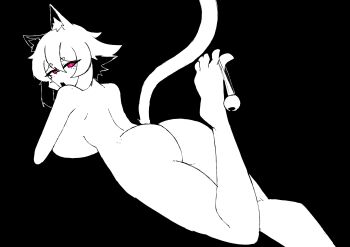 1girl absurdres animal_ear_fluff animal_ears ass barefoot bell black_background breasts cat_ears cat_girl cat_tail doce female_focus freckles from_behind hair_between_eyes highres jingle_bell looking_at_viewer looking_back lying monochrome nude on_stomach original pink_eyes short_hair solo tail xiao_(docecaedrus)