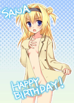 1girl black_hairband blonde_hair blue_background blue_eyes blush borrowed_clothes breasts breasts_apart character_name chitose_sana commentary_request cowboy_shot double_bun eyes_visible_through_hair groin hair_between_eyes hair_bun hair_intakes hairband hand_on_own_chest hand_up happy_birthday jacket long_hair looking_at_viewer muririn naked_jacket navel official_artist_extra open_clothes open_jacket open_mouth outline outstretched_hand oversized_clothes oversized_jacket polka_dot polka_dot_background school_uniform simple_background sleeves_past_wrists small_breasts solo stomach tenshinranman two_side_up v-shaped_eyebrows white_outline yellow_jacket