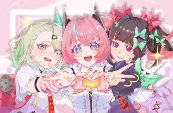 Rule 34 | 3girls, :d, angels of delusion, aqua streaks, aria (zenless zone zero), arm warmers, black hair, blue eyes, blush, bow, colored inner hair, commentary request, dress, fingerless gloves, fur-trimmed sleeves, fur trim, gloves, green bow, green eyes, green hair, hair between eyes, hair bow, heart, heart hands, highres, kurakazeharu, looking at viewer, multicolored hair, multiple girls, multiple hair clips, nangong yu, open mouth, pink arm warmers, pink bag, pink hair, red eyes, shirt, smile, streaked hair, striped arm warmers, sunna (zenless zone zero), too many bows, upper body, w, white dress, white shirt, zenless zone zero