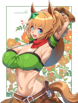 1girl :d animal_ears armpits arms_behind_head arms_up bandeau bare_shoulders belt blue_eyes blush breasts brown_belt brown_gloves brown_hair cleavage colt_single_action_army commentary_request cowboy_hat cowboy_shot elbow_gloves gloves green_bandeau green_skirt gun hair_between_eyes hair_ornament handgun hat hat_on_back highres holstered horse_ears horse_girl horse_tail large_breasts long_hair looking_at_viewer midriff miniskirt navel open_mouth ponytail purple_thighhighs red_scarf revolver scarf shadow sheriff_badge sidelocks signature skindentation skirt smile solo standing star_(symbol) star_hair_ornament taiki_shuttle_(umamusume) tail thighhighs umamusume umigarasu_(kitsune1963) weapon zettai_ryouiki