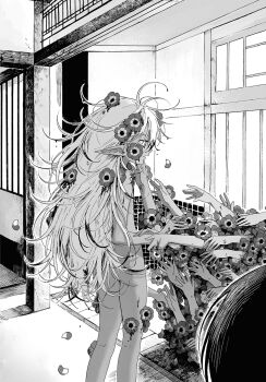 1girl anemone_(flower) ass commentary_request completely_nude disembodied_hand flat_chest flower greyscale hair_flower hair_ornament highres horror_(theme) ishida_umi long_hair monochrome nude original pointy_ears very_long_hair zoufu_no_hanataba