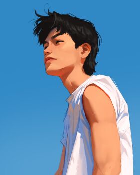 1boy artist_self-insert black_eyes black_hair blue_background curtained_hair from_below highres male_focus medium_hair original sam_yang shirt simple_background slouching solo squinting tank_top toned toned_male upper_body white_shirt