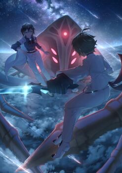 Rule 34 | 1other, 2girls, ahoge, aoi erika, asukake project, black hair, blue eyes, brown hair, cloud, cloudy sky, galaxy, heaven burns red, highres, holding, holding sword, holding weapon, kayamori ruka, multiple girls, scenery, short hair, sky, sword, weapon