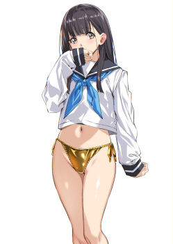 1girl bikini bikini_bottom_only bikini_under_clothes black_hair black_sailor_collar blue_neckerchief brown_eyes covering_own_mouth feet_out_of_frame gold_bikini highres long_hair long_sleeves nagayori navel neckerchief original sailor_collar sailor_shirt school_uniform serafuku shirt side-tie_bikini_bottom simple_background solo swimsuit white_background white_shirt