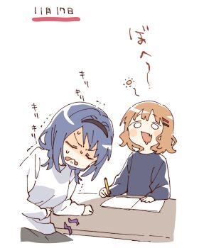 2girls :d black_hairband blue_hair blue_shirt blush_stickers brown_hair closed_eyes drooling fang furutani_himawari hair_ornament hairband hairclip hashtag-only_commentary highres holding holding_pencil long_sleeves multiple_girls namori o_o oomuro_sakurako open_mouth paper parallel_hairclips pencil shirt short_hair simple_background smile stomach_ache sweat translation_request trembling upper_body v-shaped_eyebrows white_background white_shirt yuruyuri