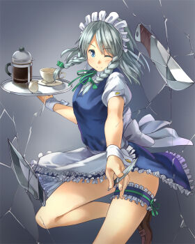 1girl apron between_fingers blue_dress blue_eyes bow braid brown_shoes clothes_lift coffee_pot cup disposable_cup dress dress_lift female_focus fingernails foreshortening fourth_wall frilled_apron frilled_dress frilled_thigh_strap frills gradient_background grey_background hair_bow highres holding holding_knife izayoi_sakuya kanzen_bouon knife leg_ribbon legs maid maid_apron maid_headdress one_eye_closed puffy_short_sleeves puffy_sleeves ribbon shoes short_dress short_sleeves silver_hair smile solo teacup thigh_ribbon thigh_strap thighs touhou tray twin_braids wrist_cuffs