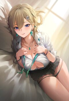 1girl absurdres aqua_necktie bed black_nails black_panties black_skirt blonde_hair blue_eyes braid braided_bangs breasts collarbone commentary earrings fingernails hair_between_eyes hair_ornament highres jewelry large_breasts long_fingernails long_hair looking_at_viewer lying lynae_(wuthering_waves) mole nail_polish necklace necktie on_bed on_side panties panty_pull parted_lips partially_unbuttoned shirt skirt skull_hair_ornament smile solo star_(symbol) star_earrings thighs underwear undone_necktie white_shirt wuthering_waves yonesdraws