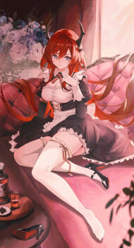 Rule 34 | 1girl, absurdres, alcohol, alternate costume, apron, arknights, black dress, black shoes, bouquet, breasts, chinese commentary, cleavage, closed mouth, commentary request, couch, dress, enmaided, flower, frilled apron, frilled dress, frilled thighhighs, frills, full body, hair between eyes, hand up, high heels, highres, indoors, large breasts, long hair, looking at viewer, maid, maid apron, mary janes, okfin3 (sogoodman4396), puffy sleeves, purple eyes, shoes, sitting, solo, stiletto heels, surtr (arknights), thighhighs, thighs, unworn shoes, very long hair, waist apron, white apron, white thighhighs, yokozuwari, zettai ryouiki