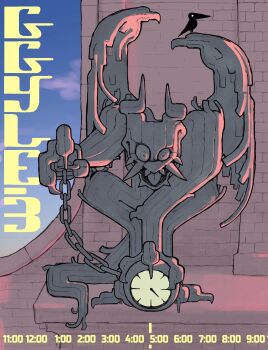 bird black_bird chain claws clock commentary demon demon_horns english_commentary gargoyle highres horns morning original statue timestamp tusks wings zals