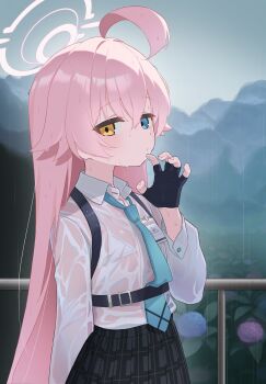 1girl absurdres ahoge belt bikini bikini_under_clothes black_gloves black_skirt blue_archive blue_eyes blue_necktie chest_harness claw_pose collared_shirt commentary fingerless_gloves flat_chest flower gloves halo harness heterochromia highres hoshino_(blue_archive) huge_ahoge korean_commentary looking_at_viewer micro_bikini mountain moyashi_dorobou necktie pink_hair pink_halo pleated_skirt rain school_uniform see-through_clothes shirt skirt solo swimsuit swimsuit_under_clothes wet white_shirt yellow_eyes