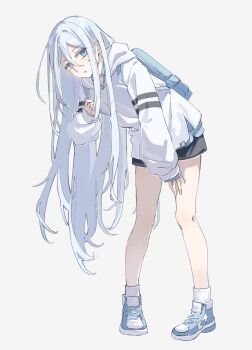 1girl absurdres ankle_socks backpack bag bare_legs black_shorts blue_bag blue_eyes blue_shoes colored_eyelashes double-parted_bangs expressionless full_body grey_background hair_between_eyes hand_on_own_thigh hand_up highres holding_strap hood hood_down hoodie kafuuchino_(chouti) leaning_forward light_blush long_hair long_hair_between_eyes long_sidelocks long_sleeves looking_at_viewer parted_lips pigeon-toed project_sekai puffy_long_sleeves puffy_sleeves shoes short_shorts shorts sidelocks simple_background sleeves_past_wrists sneakers socks solo standing straight_hair sweatdrop very_long_hair white_hair white_hoodie white_socks yoisaki_kanade