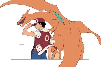1boy 55oshimechan belt black_eyes black_hair black_shirt blue_pants brown_belt charizard closed_mouth gen_1_pokemon hand_on_headwear hat highres jacket male_focus nintendo pants pokemon pokemon_(creature) pokemon_rgby red_(pokemon) red_hat red_jacket shirt short_hair short_sleeves white_background