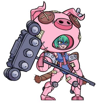Rule 34 | absurdres, animal costume, cho-hakkaimon, costume, d resh, digimon, digimon (creature), grey hair, hammer, highres, mask, pig costume, rope, short hair, simple background, smile, spikes, swimsuit, white background