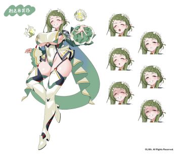 1girl breasts copyright_name curvy full_body green_hair highleg highleg_leotard highres impossible_clothes impossible_leotard large_breasts leotard lilith-soft long_hair looking_at_viewer multiple_views official_art reference_sheet shiny_skin smile suginome_serino taimanin_(series) taimanin_rpgx tsune-sensei white_background wide_hips