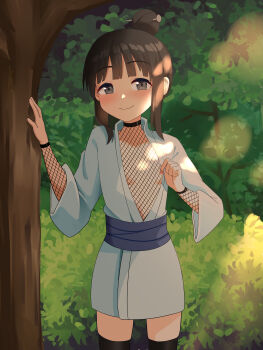 1girl absurdres artist_request black_thighhighs blue_kimono blunt_bangs blush breasts brown_eyes brown_hair dappled_sunlight eyebrows_hidden_by_hair female_focus fishnet_top fishnets forest hair_bun highres japanese_clothes kimono kimono_pull kunoichi_tsubaki_no_mune_no_uchi loli long_hair looking_at_viewer mokuren_(kunoichi_tsubaki_no_mune_no_uchi) nature nipples open_clothes open_kimono osawa_(cmaki) outdoors pulling_own_clothes shirt short_kimono small_breasts smile solo standing sunlight thighhighs thighs tree