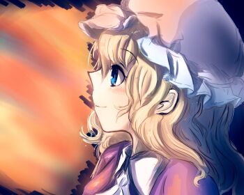 Rule 34 | blonde hair, blue eyes, closed mouth, collared dress, commentary, contrast collar, dress, from side, hat, highres, long hair, maribel hearn, mob cap, neck ribbon, purple dress, ribbon, smile, touhou, uwazumi, white hat, white ribbon