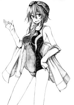 1girl absurdres alternate_costume ashigara_(kancolle) breasts goggles goggles_on_head hair_between_eyes hand_on_own_hip highres jacket jacket_partially_removed kantai_collection long_hair medium_breasts monochrome old_school_swimsuit school_swimsuit smile solo swim_cap swimsuit tsuji_kazuho