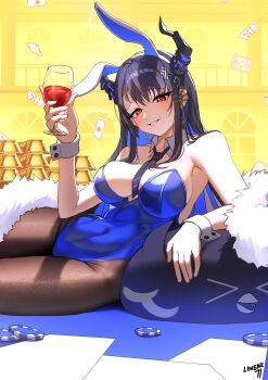 Rule 34 | 1girl, ace (playing card), ace of diamonds, alcohol, alternate costume, animal ear hairband, animal ears, artist name, asymmetrical horns, black hair, black horns, black necktie, black pantyhose, blue hair, blue leotard, blush, breasts, card, colored inner hair, commentary, cup, demon horns, detached collar, diamond (shape), drinking glass, english commentary, fake animal ears, feather boa, floating card, gold bar, grin, hair ornament, hairband, highleg, highleg leotard, highres, holding, holding cup, hololive, hololive english, horns, jailbird (nerissa ravencroft), large breasts, leotard, linear 71, long hair, looking at viewer, multicolored hair, necktie, nerissa ravencroft, pantyhose, playboy bunny, playing card, poker chip, rabbit ear hairband, rabbit ears, red eyes, red wine, sitting, smile, solo, strapless, strapless leotard, tassel, tassel hair ornament, two-tone hair, uneven horns, very long hair, virtual youtuber, white hairband, white wrist cuffs, wine, wine glass, wrist cuffs, yokozuwari