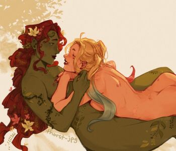 Rule 34 | 2girls, ass, blonde hair, blush, breasts, closed eyes, colored skin, commentary, completely nude, dc comics, flower, green skin, hair flower, hair ornament, harley quinn, long hair, monster girl, multiple girls, nude, pink flower, plant girl, poison ivy, smile, thorst jpg, white flower, yuri