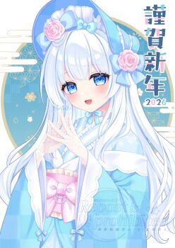 1girl :d blue_bonnet blue_bow blue_eyes blue_kimono blush bonnet bow commentary_request flower gloves hair_between_eyes hair_flower hair_ornament hands_up highres japanese_clothes kimono long_hair long_sleeves looking_at_viewer obi open_mouth original own_hands_together pink_bow pink_flower pink_sash sash smile solo stardrop steepled_fingers upper_body very_long_hair white_gloves white_hair