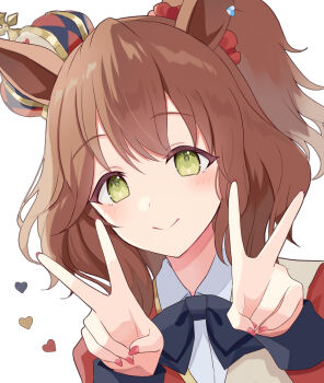 1girl animal_ears aston_machan_(flare)_(umamusume) aston_machan_(umamusume) barufoa black_bow black_bowtie bow bowtie brown_hair closed_mouth collared_shirt commentary double_v ear_ornament green_eyes horse_ears horse_girl long_sleeves looking_at_viewer medium_hair one_side_up portrait red_nails shirt simple_background smile solo umamusume v white_background white_shirt