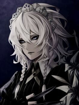 1girl alternate_costume between_fingers black_gloves black_shirt braid braided_sidelocks closed_mouth collared_shirt commentary_request fingerless_gloves flower gloves grey_eyes hair_between_eyes holding holding_knife izayoi_sakuya knife knives_between_fingers koumajou_densetsu looking_ahead maid_headdress medium_hair shirt solo striped_clothes striped_shirt touhou upper_body vertical-striped_clothes vertical-striped_shirt white_flower white_hair white_headdress yumegi_douji