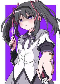 1girl akemi_homura alternate_hairstyle black_hair bow commentary_request dress feet_out_of_frame grey_skirt highres holding long_hair looking_at_viewer mahou_shoujo_madoka_magica riuriumagi simple_background skirt solo standing twintails