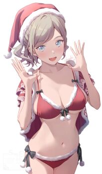 1girl bikini black_bow blue_eyes blush bow breasts capelet ceras_yanagida_lilienfeld christmas cleavage collarbone fur-trimmed_bikini fur-trimmed_capelet fur-trimmed_headwear fur_trim grey_hair hat large_breasts link!_like!_love_live! long_hair looking_at_viewer love_live! navel open_mouth red_bikini red_capelet santa_bikini santa_costume santa_hat shamakho simple_background smile stomach swimsuit virtual_youtuber white_background