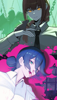 2boys 2girls absurdres angel_devil_(chainsaw_man) animal animal_on_hand black_necktie blood blood_from_mouth blood_on_face blood_splatter blue_hair braid braided_ponytail chainsaw_man closed_mouth collared_shirt commentary_request denji_(chainsaw_man) double-parted_bangs green_eyes hair_between_eyes hair_over_shoulder highres long_hair long_sleeves looking_at_viewer makima_(chainsaw_man) mouse_(animal) multiple_boys multiple_girls necktie nosebleed open_mouth oro_(lsg0624) pink_blood red_hair reze_(chainsaw_man) ringed_eyes shirt short_hair smile white_shirt yellow_eyes