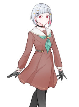 1girl absurdres aqua_neckerchief black_choker black_gloves black_pantyhose brown_dress choker closed_mouth colored_inner_hair dress expressionless feet_out_of_frame gloves grey_hair hair_ornament hairclip half_gloves hasu_no_sora_school_uniform highres link!_like!_love_live! long_sleeves love_live! medium_dress multicolored_hair neckerchief o-ring o-ring_choker pantyhose pleated_dress red_eyes red_hair sailor_collar sailor_dress school_uniform simple_background solo star_(symbol) star_hair_ornament streaked_hair virtual_youtuber walking white_background white_sailor_collar winter_uniform yugiri_tsuzuri zangemiya