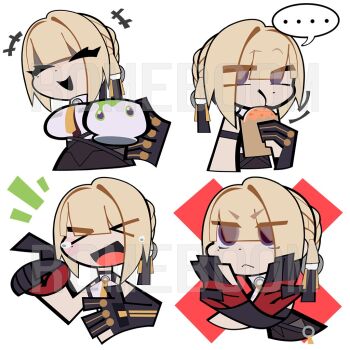 arm_strap bags_under_eyes blonde_hair chest_harness chibi chibi_only emoji evelyn_chevalier gloves half_gloves harness necktie romeboom yellow_necktie zenless_zone_zero