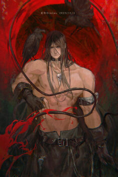 1boy abs absurdres ambiguous_red_liquid animal animal_on_shoulder animal_skull animal_skull_ornament artist_name bara belt belt_buckle bird bird_on_shoulder bird_skull black_choker black_eyes black_hair blurry buckle chain character_name choker chromatic_aberration commentary corvus_corax_(warhammer) crow dated depth_of_field english_commentary fingerless_gloves ginias glitter gloves gold_border groin highres holding holding_weapon jewelry landing large_pectorals long_hair looking_at_viewer male_focus mature_male muscular muscular_male necklace nipples o-ring o-ring_choker pectorals pendant_choker primarch raven_guard roman_numeral skull_necklace skull_ornament solo star_(symbol) straight-on thick_eyebrows topless_male v-taper very_long_hair warhammer_40k weapon whip