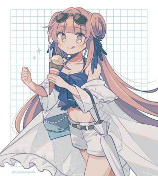 Rule 34 | 1girl, :q, arknights, bag, blue camisole, blue feathers, blush, camisole, ceylon (arknights), ceylon (holiday) (arknights), commentary, cowboy shot, eyewear on head, feather hair, feathers, food, grid background, hair rings, highres, holding, holding food, holding ice cream, holding umbrella, ice cream, ice cream cone, looking at viewer, official alternate costume, pink hair, sheep girl, shorts, sidelocks, smile, solo, sparkle, spoon, sunglasses, sushitarou, swimsuit cover-up, symbol-only commentary, tongue, tongue out, umbrella, white background, white shorts, yellow eyes