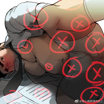 1boy bara bare_pectorals belly blush boxers bulge chest_hair collared_shirt facial_hair fat fat_man feet_out_of_frame large_pectorals leg_up looking_at_viewer male_focus male_underwear muscular muscular_male navel_hair necktie no_pants open_clothes open_shirt original pectorals r.l_(2089184064) salaryman shirt short_hair sideburns sideburns_stubble sock_in_mouth solo stomach stubble thick_eyebrows underwear watermark white_male_underwear