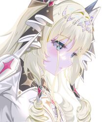 Rule 34 | 1girl, blonde hair, blue eyes, blush, breasts, coat, crown (nikke), diadem, drill hair, goddess of victory: nikke, hair ornament, headgear, jewelry, large breasts, long hair, necklace, shaxiao, shirt, solo, white coat, white shirt