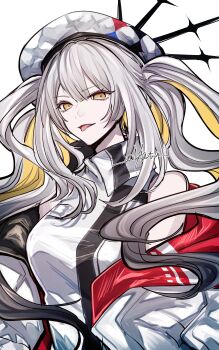 1girl absurdres artist_name dress fate/grand_order fate_(series) hat highres jacket long_hair looking_at_viewer marie_antoinette_(fate) marie_antoinette_alter_(fate) marie_antoinette_alter_(first_ascension)_(fate) smile solo tongue tongue_out twintails umihotasan white_dress white_hair white_hat white_jacket yellow_eyes