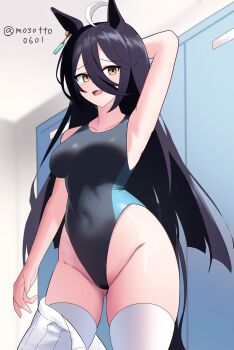 1girl absurdres ahoge animal_ears black_hair black_one-piece_swimsuit breasts commentary_request competition_swimsuit ear_tag hair_between_eyes highleg highleg_one-piece_swimsuit highres horse_ears horse_girl horse_tail locker locker_room long_bangs long_hair_between_eyes manhattan_cafe_(umamusume) medium_breasts mesotto one-piece_swimsuit solo standing swimsuit tail thighhighs twitter_username two-tone_swimsuit umamusume white_thighhighs yellow_eyes