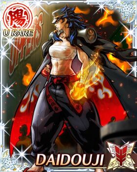 Rule 34 | 1girl, abs, arm wrap, banchou, big hair, black hair, black pants, border, breasts, budget sarashi, card (medium), character name, chest sarashi, clenched hands, coat, coat on shoulders, daidouji (senran kagura), delinquent, fire, flaming hand, fluffy hair, full body, gakuran, game cg, geta, hat, large breasts, long coat, long hair, looking to the side, muscular, muscular female, navel, official art, pants, peaked cap, red eyes, sarashi, school uniform, senran kagura, senran kagura new wave, solo